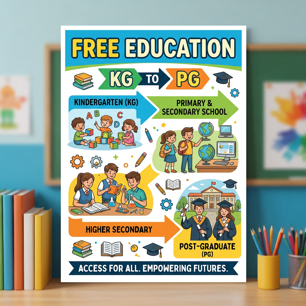 Graphic representing free education from kindergarten to postgraduate level in Odisha.