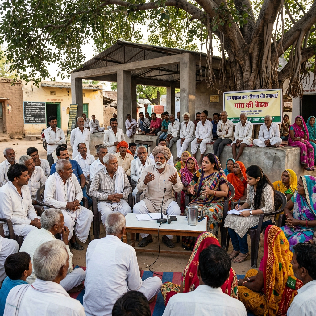 Village meeting with men and women discussing local development under a tree
