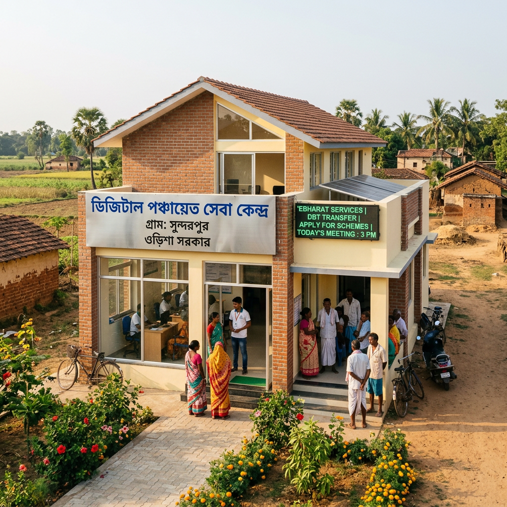 Digital service center in rural village with people outside and inside, offering government schemes and services