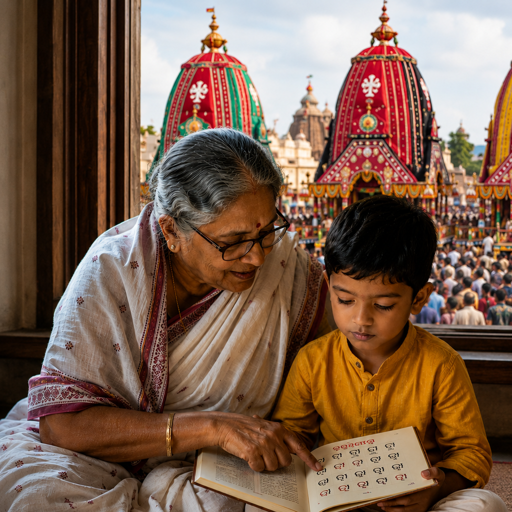Grandmother teaching a child to read Odia while the three chariots of the Puri Rath Yatra are visible in the background, symbolizing Odisha's language, culture and heritage.