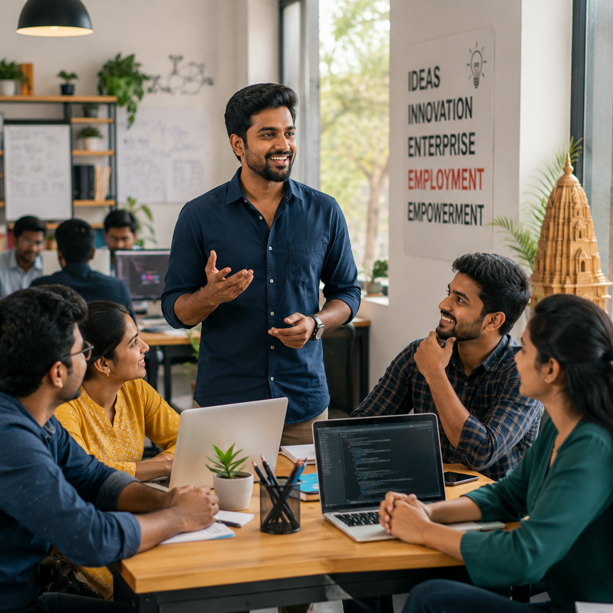 Young entrepreneur leading a team discussion in a modern workplace, representing innovation, leadership and job creation in Odisha.