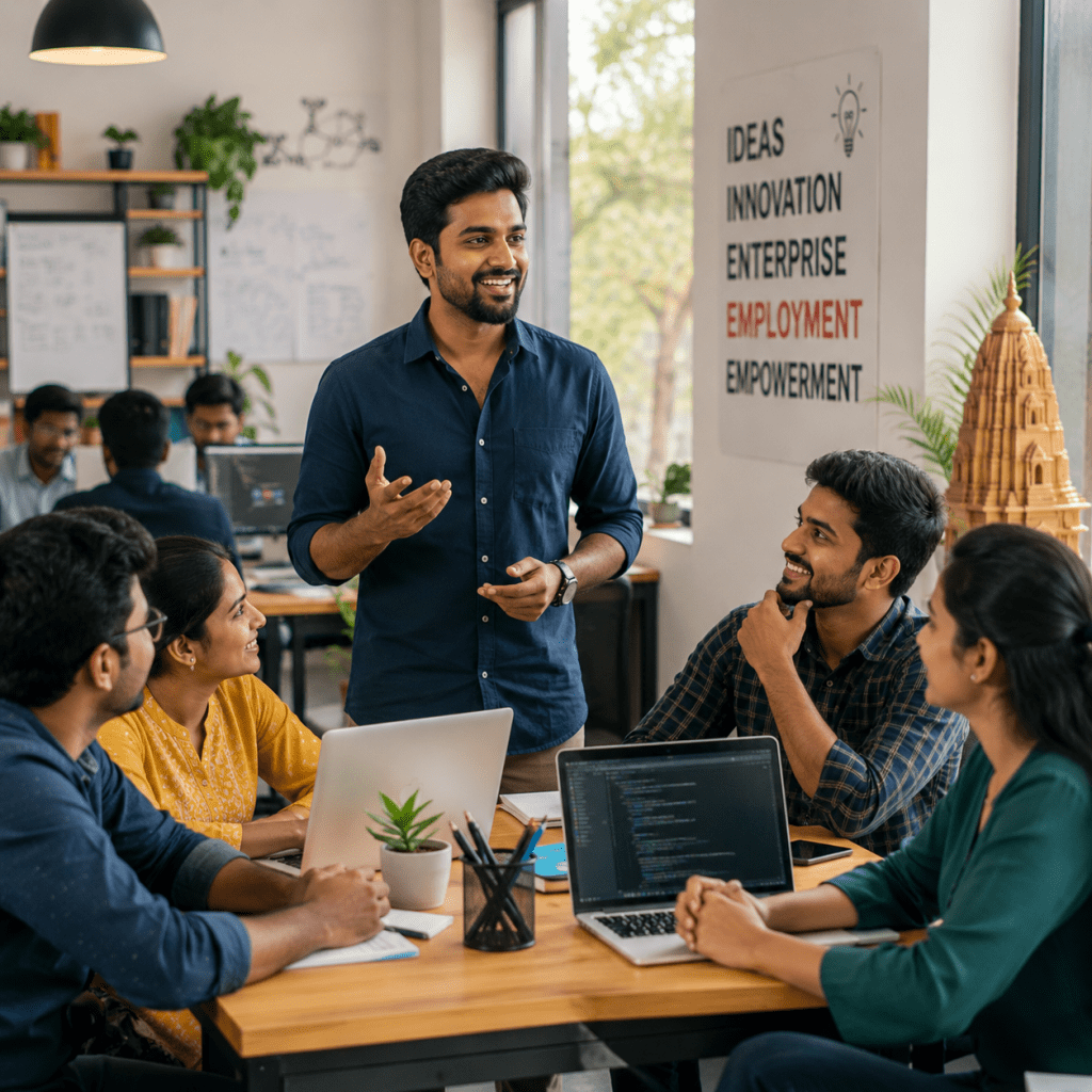 Young entrepreneur leading a team discussion in a modern workplace, representing innovation, leadership and job creation in Odisha.