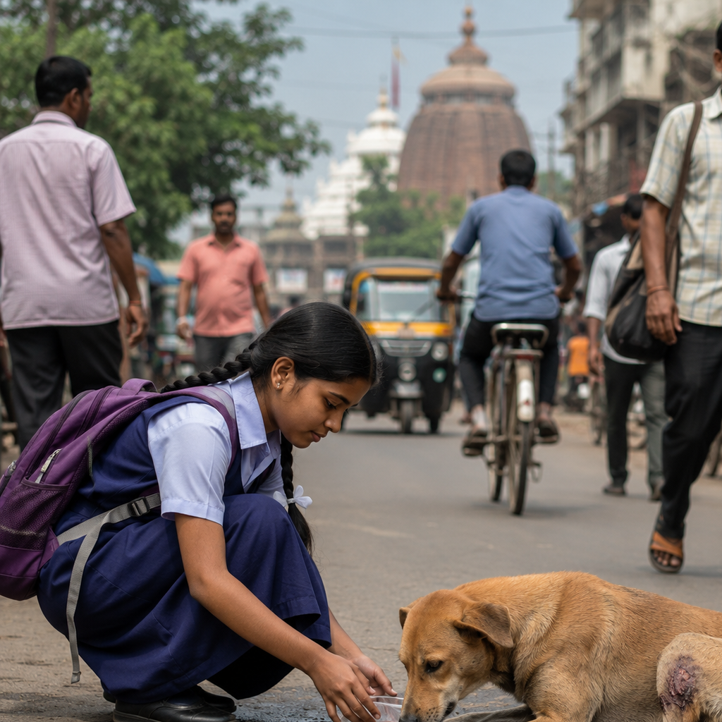 School student offering water to a stray dog on a busy street in Odisha, highlighting compassion towards animals and social responsibility.