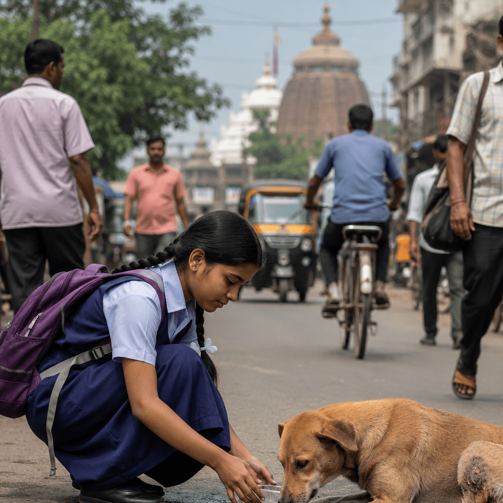 School student offering water to a stray dog on a busy street in Odisha, highlighting compassion towards animals and social responsibility.