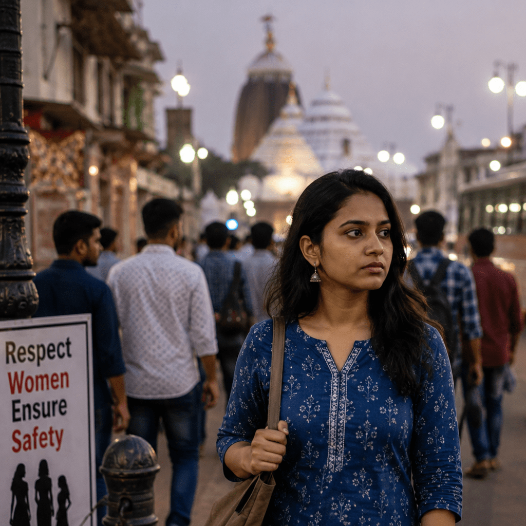 Young woman walking through a busy urban street in Odisha, highlighting the importance of women's safety, dignity and freedom in public spaces.