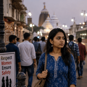 Young woman walking through a busy urban street in Odisha, highlighting the importance of women's safety, dignity and freedom in public spaces.